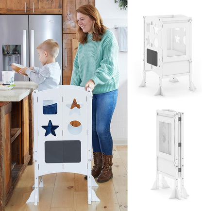 Classic Kitchen Helper® Stool and 2 Keepers - Natural: Wooden Adjustable Height, Folding Kitchen Step Stool for Toddlers, Chalkboard and Whiteboard Message Boards, Supports up to 125Lbs