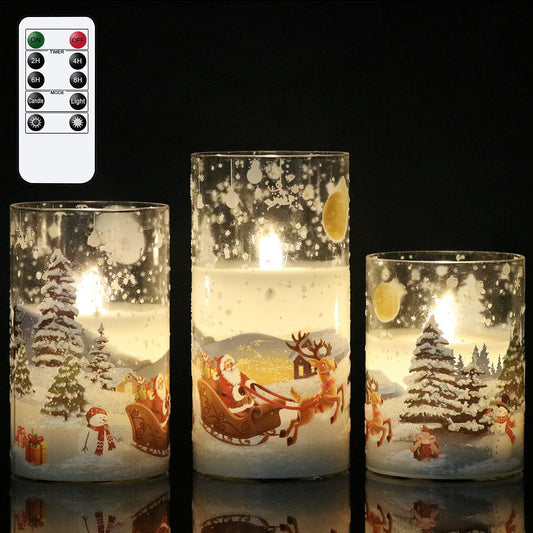 Santa Claus Glass Flameless Candles Battery Operated Remote and Timer Real Wax LED Flickering Pillar Candles White Cold Light Window Christmas Holiday Decor D3 X H4, 5", 6"