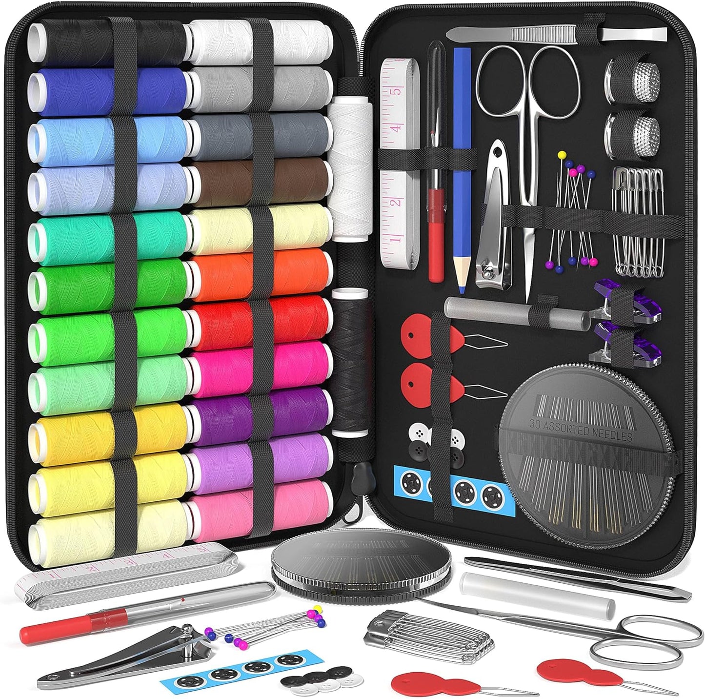 Sewing Kit Gifts for Grandma, Mom, Friend, Adults Beginner Kids Traveler, Portable Sewing Supplies Accessories with Case Contains Thread, Needle, Scissors, Measure Tape, Thimble Etc(Black, M)