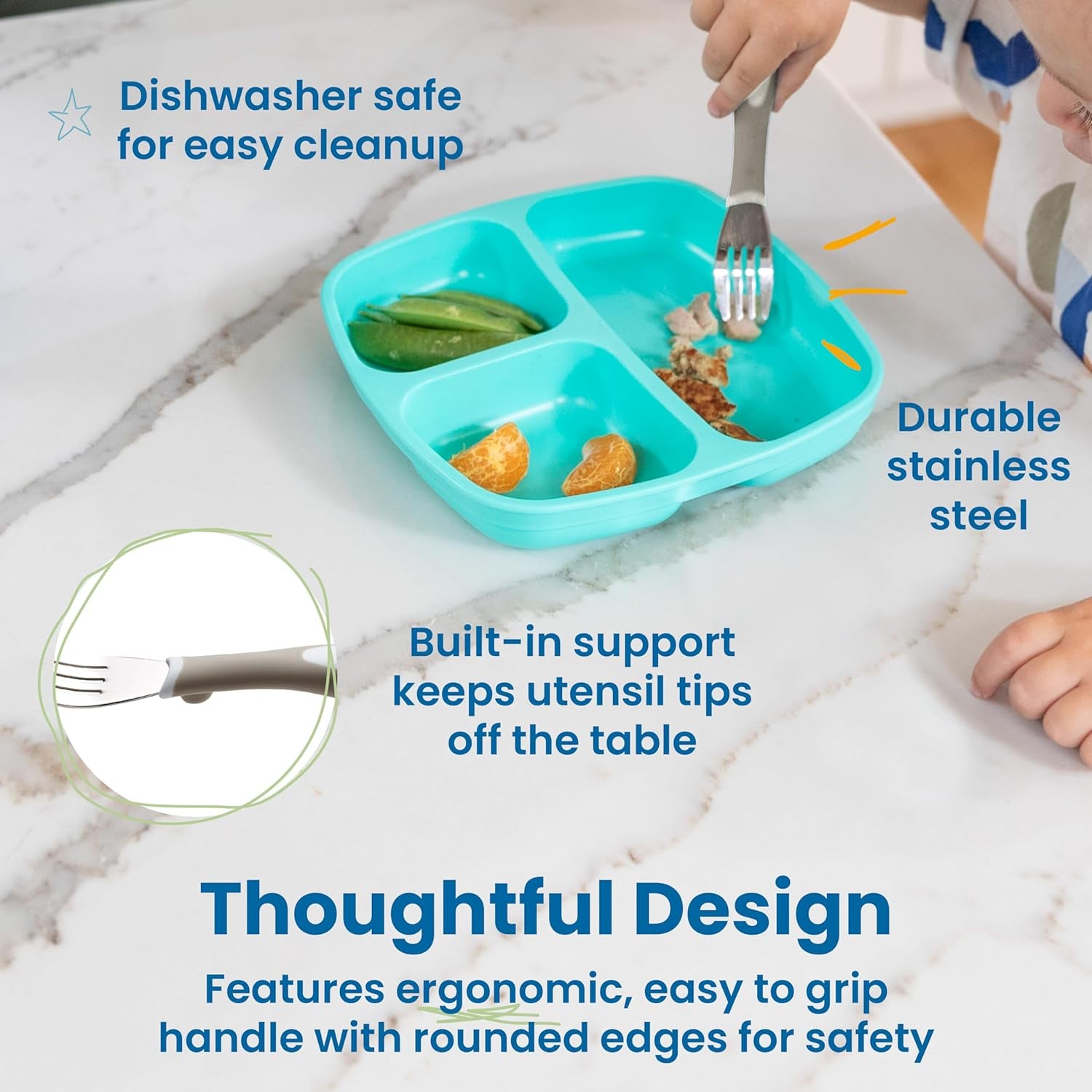My First Meal Pal Stainless Steel Forks, Toddler Silverware, White, Light Grey, 3-Pack