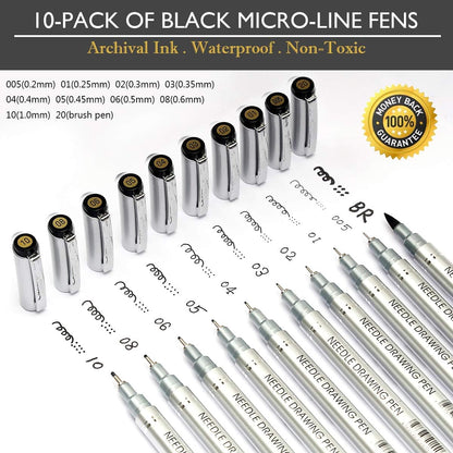 Micro-Pen Fineliner Ink Pens, 10 Size Black Micro Fine Point Drawing Pens Waterproof Archival Ink Multiliner Pens for Artist Illustration, Sketching, Technical Drawing, Anime, Manga