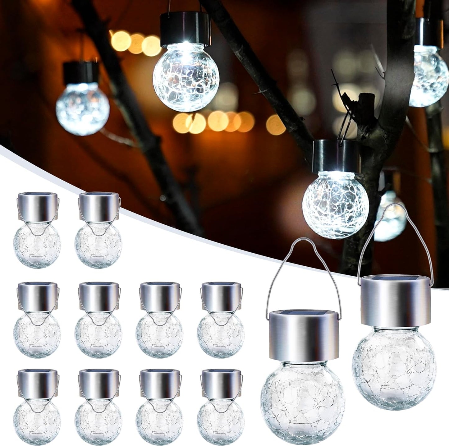 12 Pack Solar Outdoor Lights, Solar Hanging Lights for Christmas Decoration-Cracked Glass Solar Lights Outdoor Waterproof for Garden, Yard, Fence, Tree(Cold White)