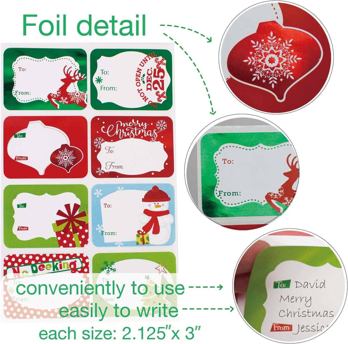 80-Count Foil Christmas Tags Sticker，8 Jumbo Designs - Xmas to from Christmas Sticker Name Tags Write on Labels - Holiday Present Labels