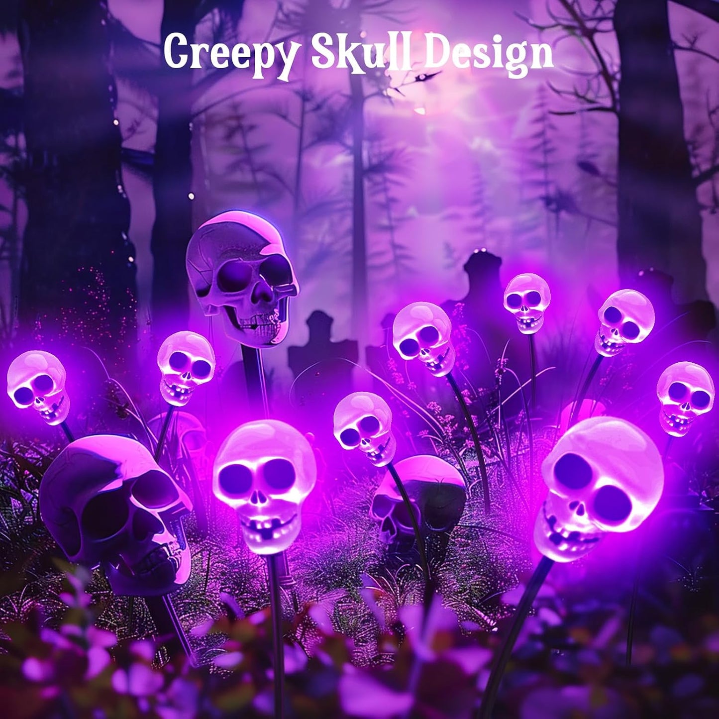 Halloween Decorations Outdoor: 4 Pack 24 LED Scary Halloween Decorations, Skull Solar Halloween Lights Outdoor Waterproof, Solar Firefly Halloween Lights for outside Yard Patio Walkway Garden Decor