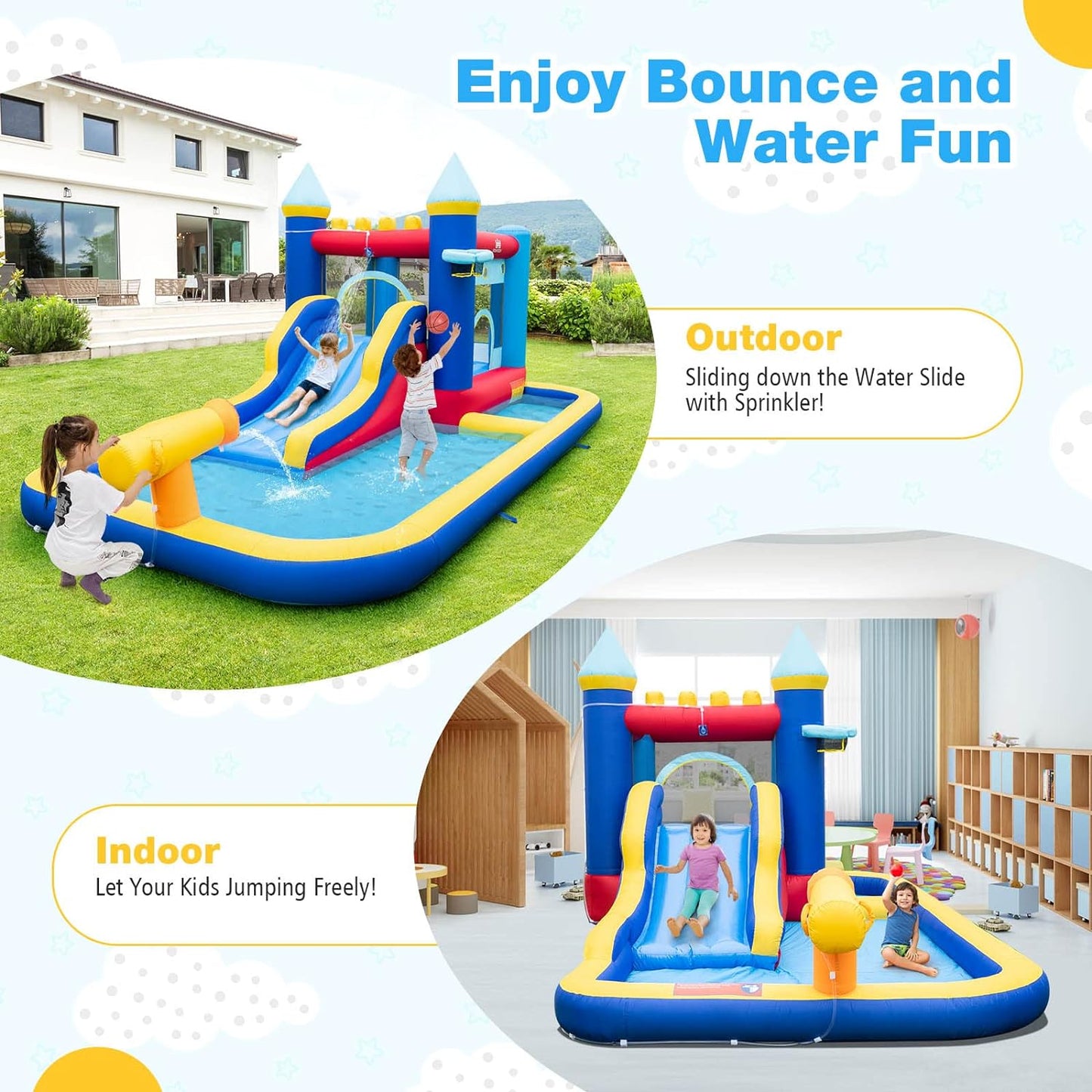 Inflatable Water Slide, Bounce House Water Slide with Ball Pit for Kids Backyard Fun W/735W Blower, Blow up Jump Bouncy Castle Water Slides Inflatables for Kids Boys Girls Outdoor Party Gifts