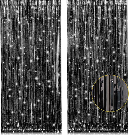 2 Pack 3.2Ft X 8.2Ft Black Tinsel Foil Fringe Curtains, Metallic Foil Tinsel Photo Booth Backdrop Streamer for New Years Decorations Halloween Bachelorette Birthday Holiday Celebration Party Supplies