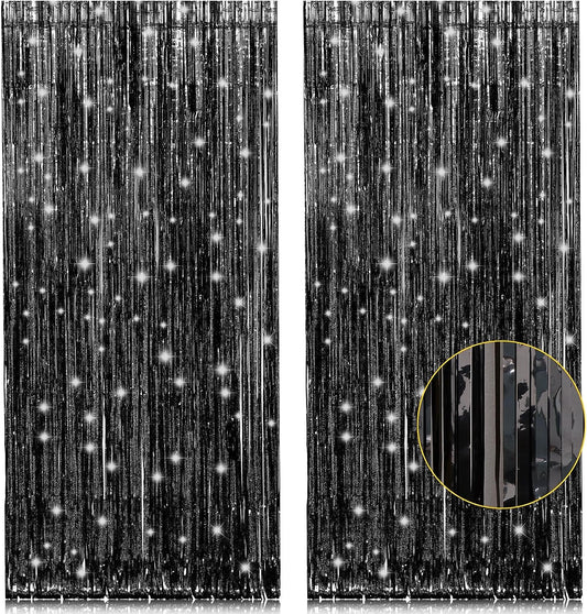 2 Pack 3.2Ft X 8.2Ft Black Tinsel Foil Fringe Curtains, Metallic Foil Tinsel Photo Booth Backdrop Streamer for New Years Decorations Halloween Bachelorette Birthday Holiday Celebration Party Supplies