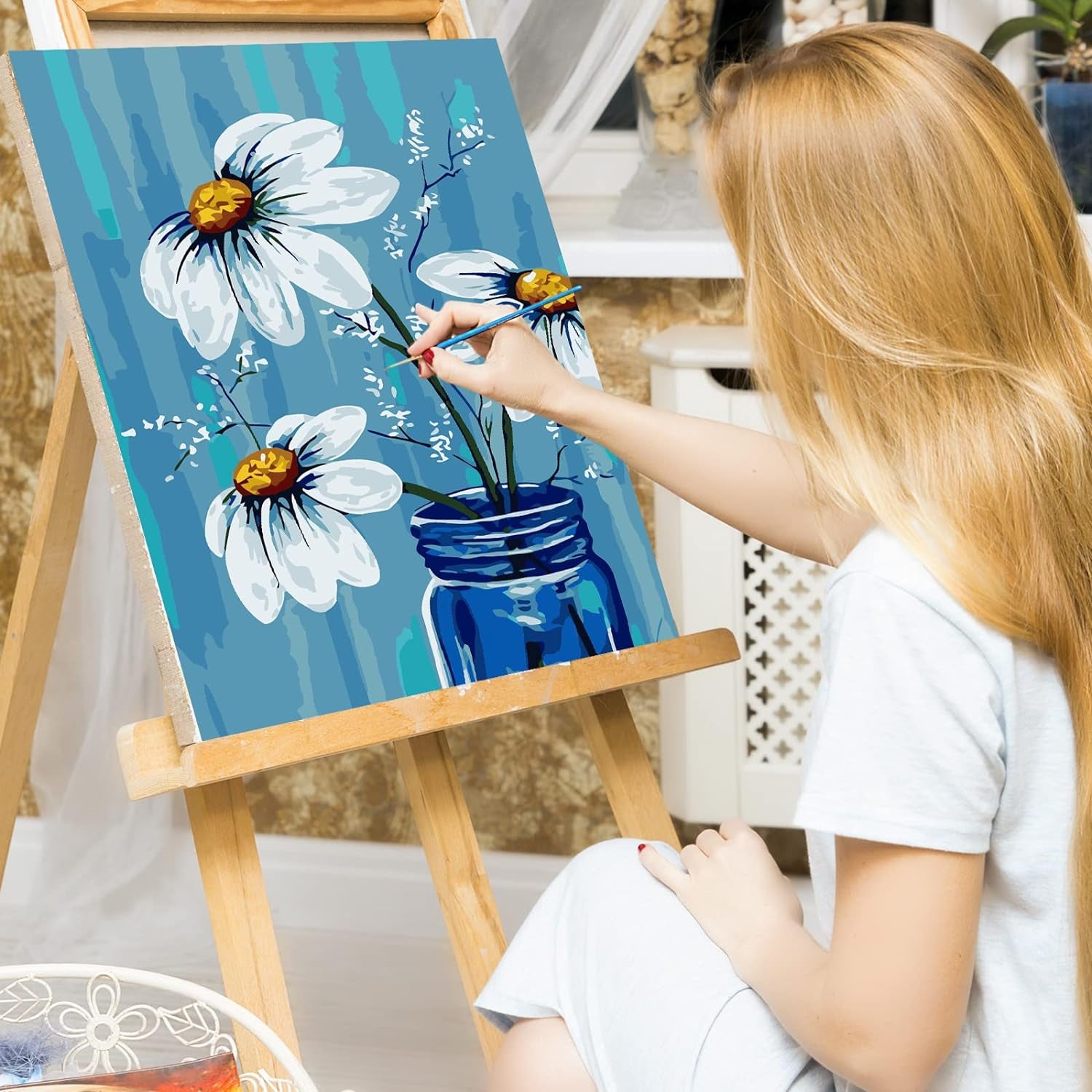 Paint by Numbers for Adults Beginner & Kids Ages 8-12 with Wooden Frame Easy Acrylic on Canvas 9X12 Inch with Paints and Brushes, Vase Flower(Include Framed)