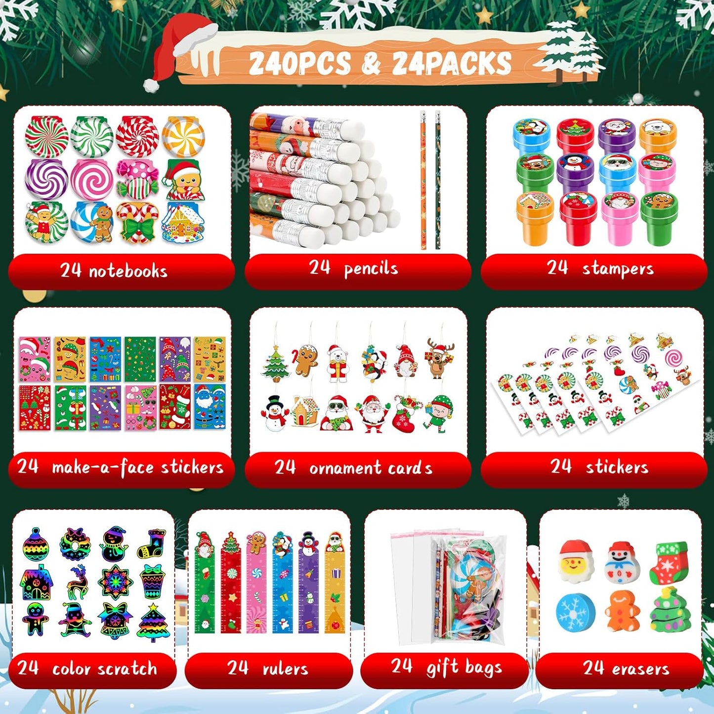 Christmas School Stationery Set Party Favors Xmas Classroom Gift Prizes Bulk for Students Kids Holiday Stockings Pinata Filler Christmas School Goodie Bag Stuffers Decor（12Set Gingerbread）