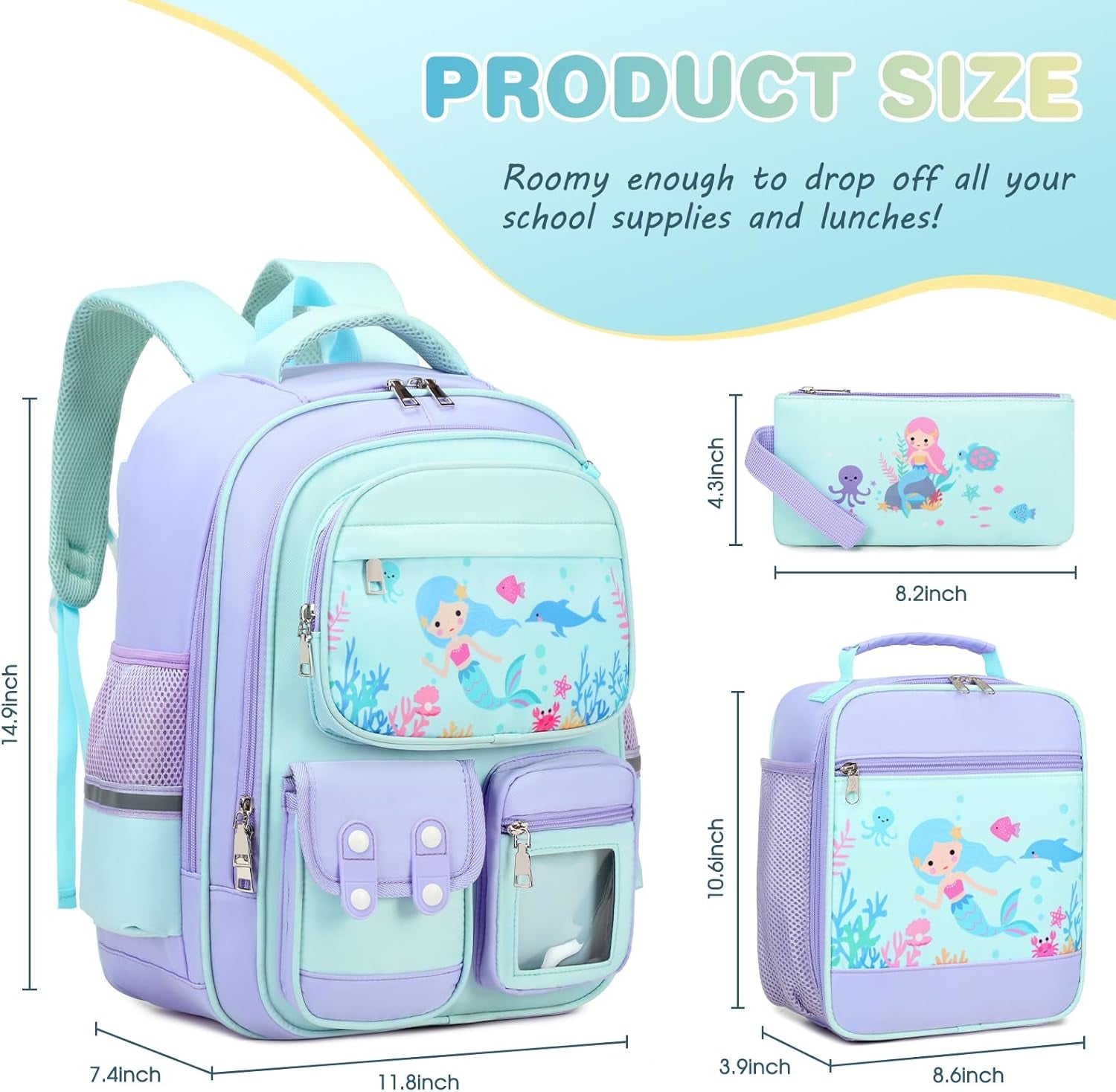 3PCS School Backpack for Girls, Kids Backpack for Girls with Lunch Box Pencil Case, Cute Kawaii Mermaid Backpack for Girls, Schoolbag Bookbag for Kindergarten Elementary Middle High School