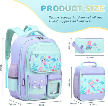 3PCS School Backpack for Girls, Kids Backpack for Girls with Lunch Box Pencil Case, Cute Kawaii Mermaid Backpack for Girls, Schoolbag Bookbag for Kindergarten Elementary Middle High School