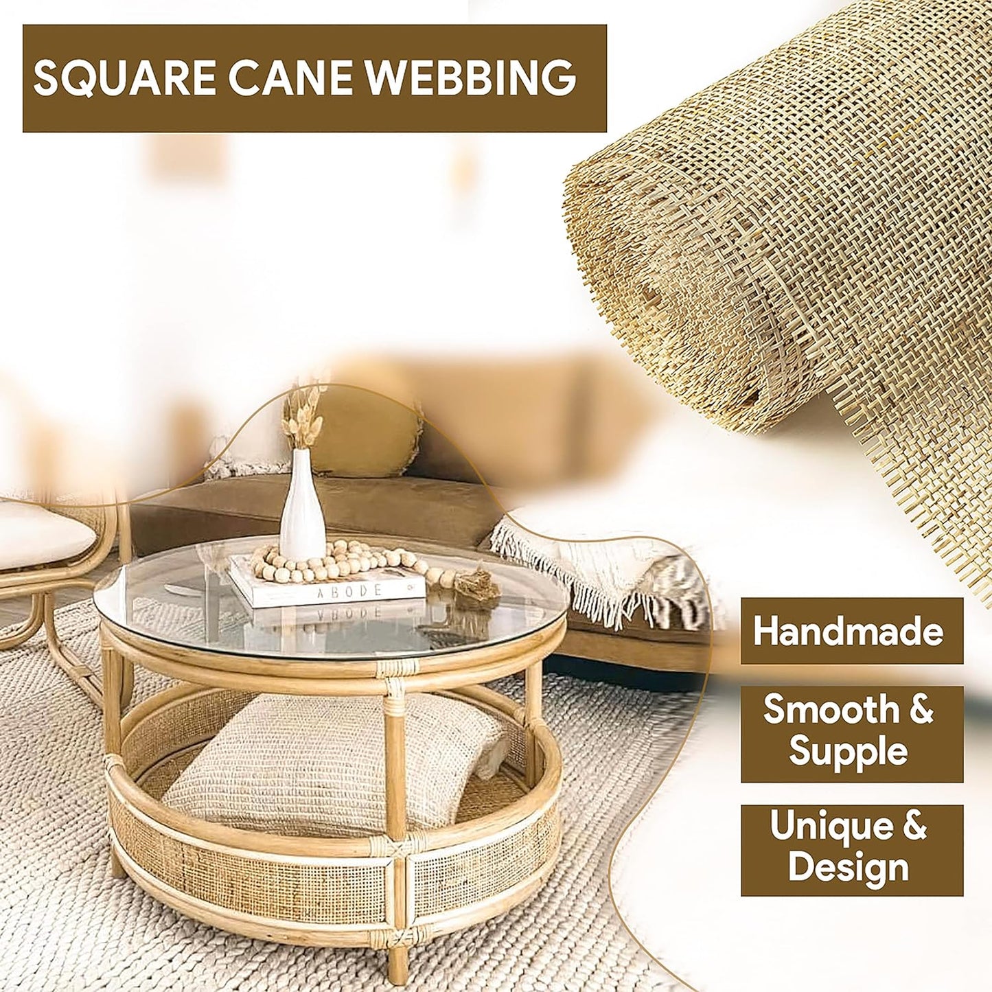 16" Width Natural Square Rattan Cane Webbing Roll 2 Feet Length for Caning Projects | Pre-Woven Radio Mesh Cane Webbing Sheet for Furniture, Chair, Table, Ceiling (2 FEET)