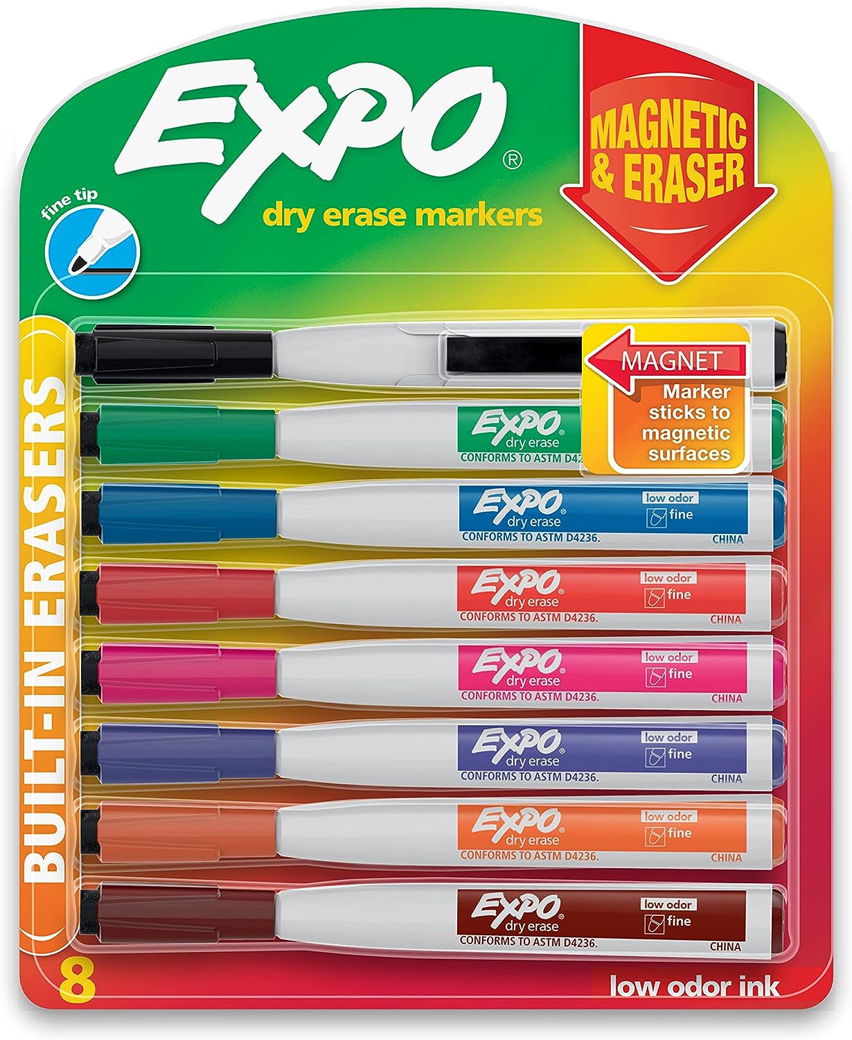 Magnetic Dry Erase Markers with Eraser, Fine Tip, Black, 4 Count