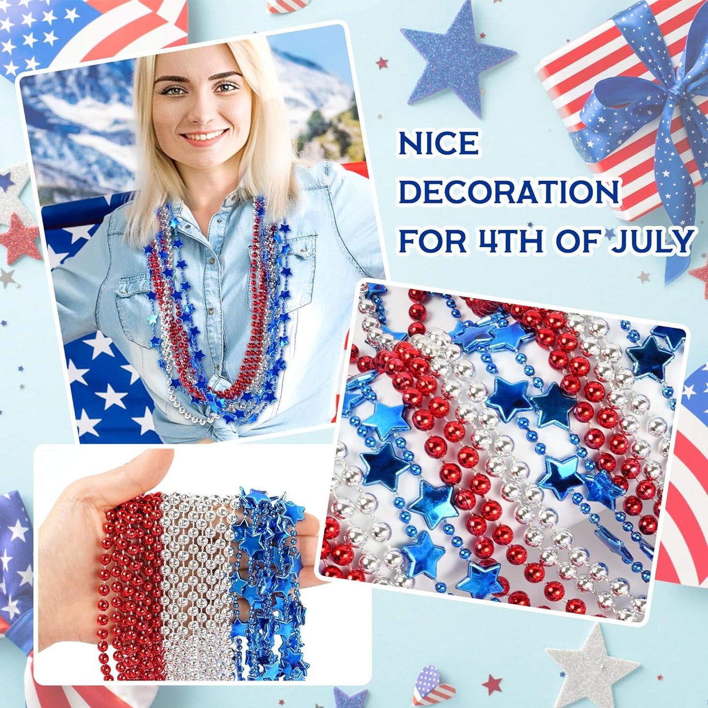 4Th of July Beaded Necklace, 24Pcs Patriotic Star Bead Necklaces Red Silver and Blue Accessories,Fourth of July Beads for Independence Day,Memorial Day Patriotic Parades,Party Decor Supplies