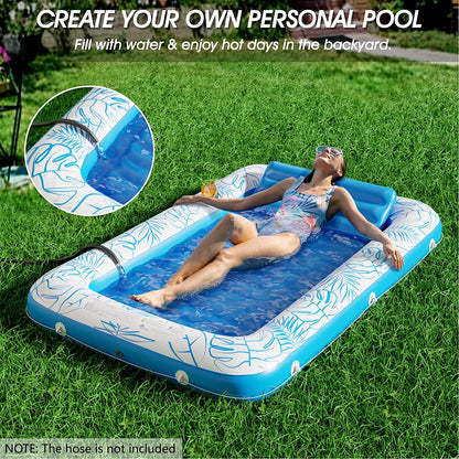 Inflatable Tanning Pool Lounger Float -  4 in 1 Sun Tan Tub Sunbathing Pool Lounge Raft Floatie Toys Water Filled Bed Mat Pad for Adult Blow up Kiddie Pool Kids Ball Pit Pool (L)