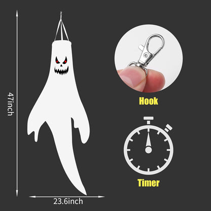 Halloween-Decorations-Outdoor Hanging-Ghost Windsocks for Trees with Timer, LED Ghosts to Hang in Tree Porch Yard, Waterproof, Timer,2 Pcs (No Batteries)