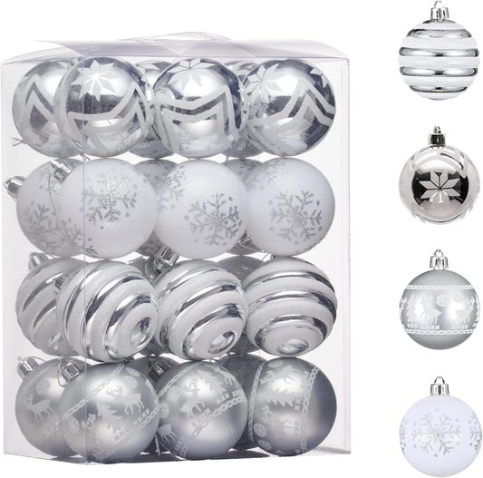 Christmas Ornaments Tree Decorations, 24Ct White and Silver Shatterproof Christmas Ball Ornaments Set, 2.36 Inch Decorative Hanging Ornament Bulk for Xmas Holiday Party Decor