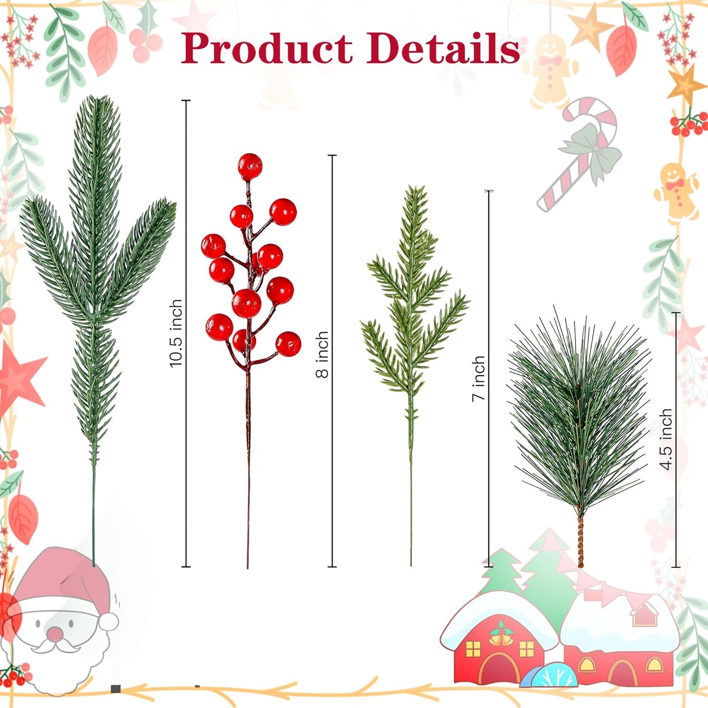 60 Pcs Artificial Pine Branches Fake Greenery Pine Picks Artificial Red Berry Stems Christmas Pine Needles for DIY Christmas Garland Wreath Xmas Embellishing Flower Arrangements Decoration