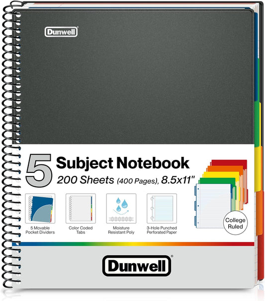 5-Subject Notebook College Ruled 8.5 X 11, 200 Sheets (400 Pages), Spiral Notebook 8.5X11 with Tabs, Movable Pocket Dividers, Front/Back Plastic Covers, Multi Subject Notebook