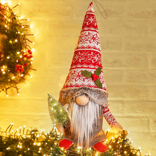 Christmas Tree Topper with Lights, Gnome Christmas Decorations, Lighted Elf Xmas Tree Ornament with Plaid Hat for Indoor Table Bedroom Holiday Party Christmas Winter