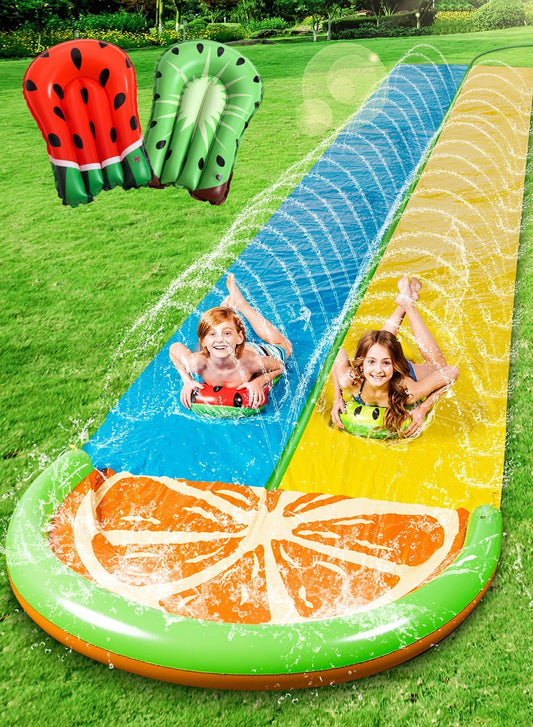 22.5Ft Double Water Slides with 2 Body Boards Backyard Outdoor Slip Lawn Waterslide 2 Sliding Racing Lanes with Sprinklers Summer Water Toy, Orange