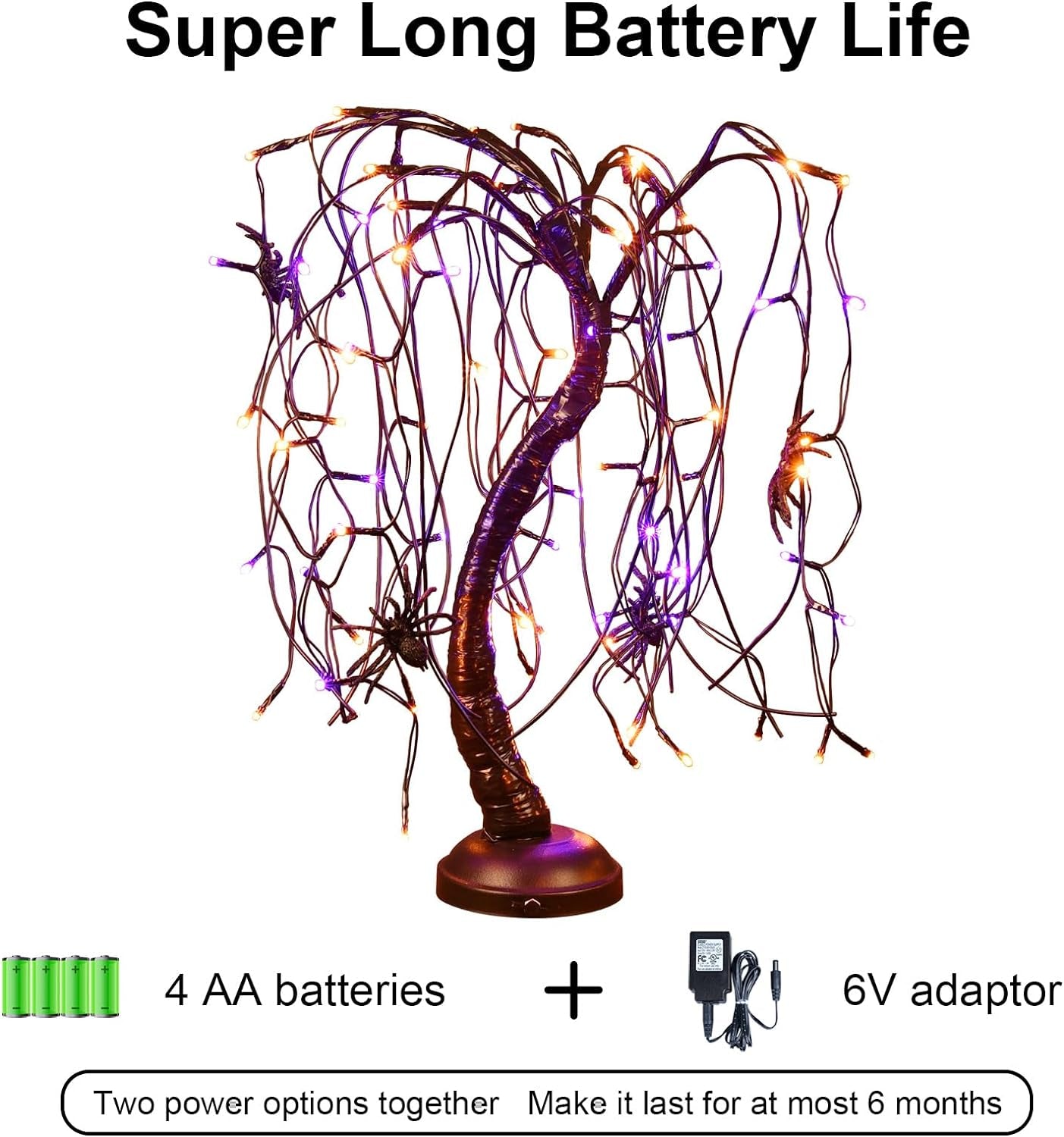 24Inch Halloween Lighted Willow Tree Bonsai Light 80 Orange and Purple LED Lights Table Top Lamp Artificial Tree Desk Decor with 4 Spiders Adapter Plug In/Battery Powered for Christmas Decoration