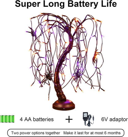 24Inch Halloween Lighted Willow Tree Bonsai Light 80 Orange and Purple LED Lights Table Top Lamp Artificial Tree Desk Decor with 4 Spiders Adapter Plug In/Battery Powered for Christmas Decoration