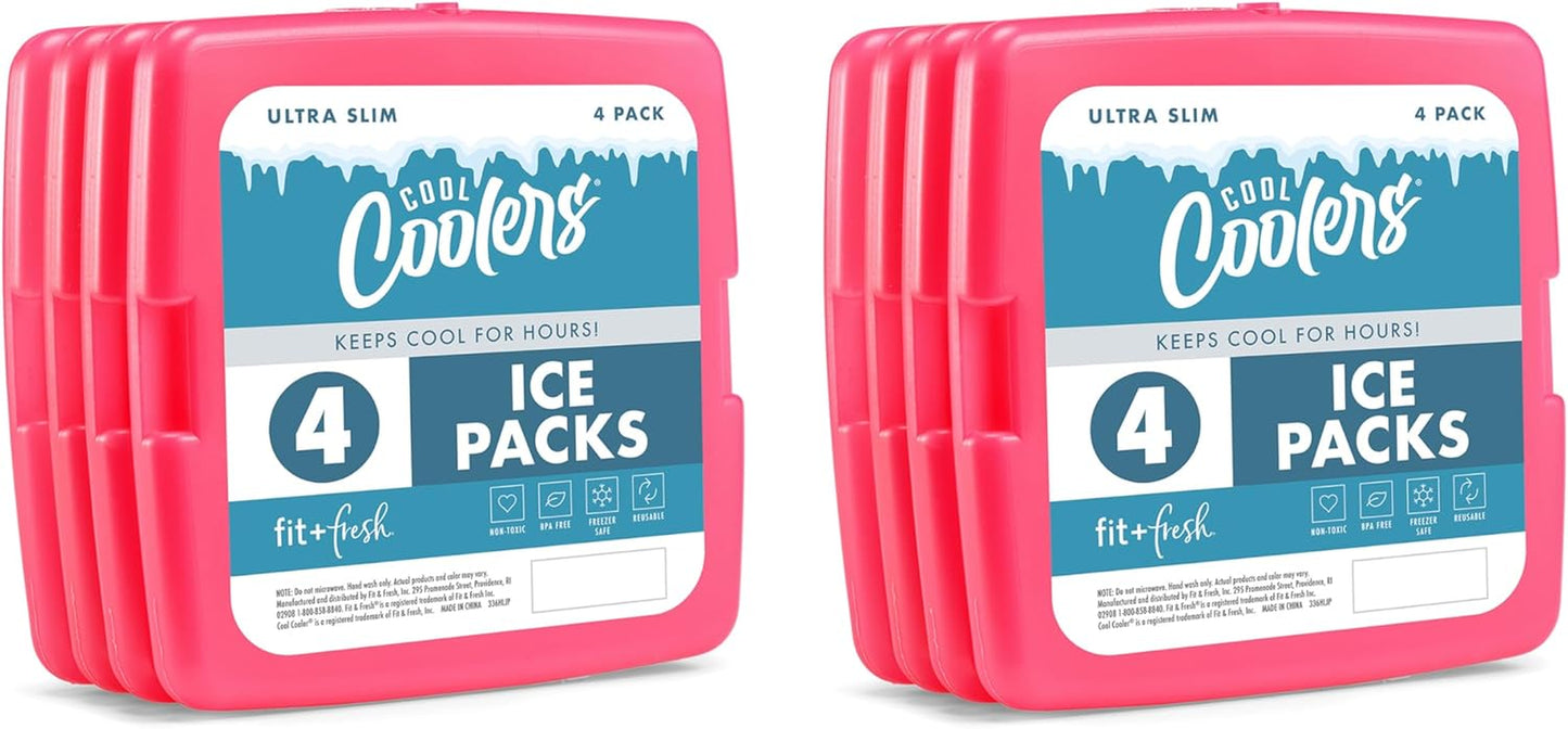 Cool Coolers by  4 Pack Slim Ice Packs, Quick Freeze Space Saving Reusable Ice Packs for Lunch Boxes or Coolers, Multi Colored