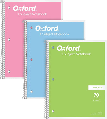 Spiral Notebooks, 1-Subject for School, Wide Ruled Paper, 70 Sheets, 8 X 10.5 Inches, Assorted Pastel Colors, 3 Pack (1002541)