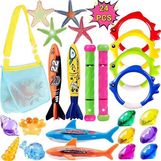 24 Pcs Diving Pool Toys for Kids with Storage Mesh Bag, Summer Pool Games Underwater Swimming Toys for Boys Girls Toddlers