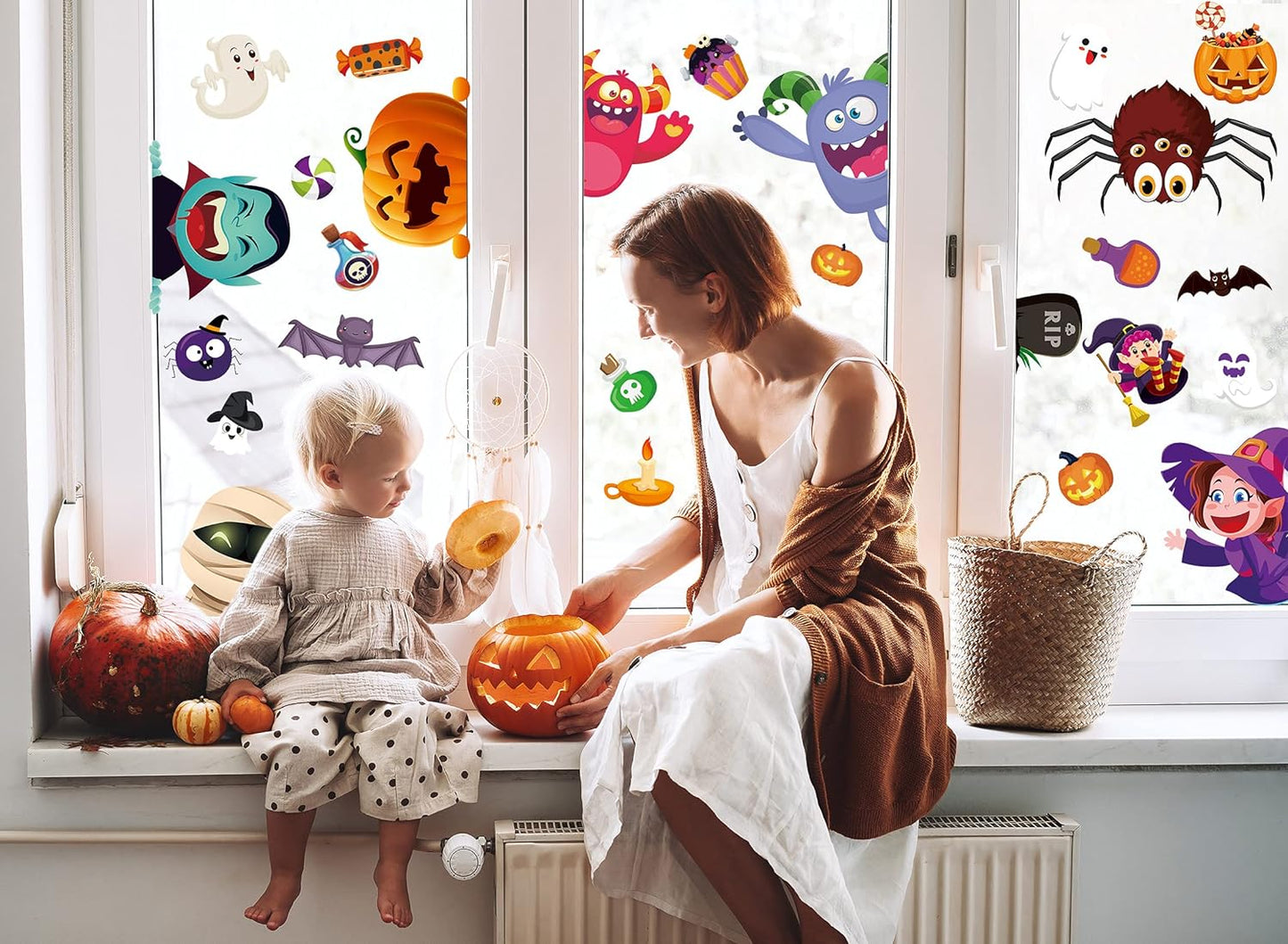 N/C Halloween Window Clings for Kids Halloween Gel Window Clings Double Sided 10 Sheets Halloween Window Clings for Glass Windows Cute Halloween Window Clings Large for Window