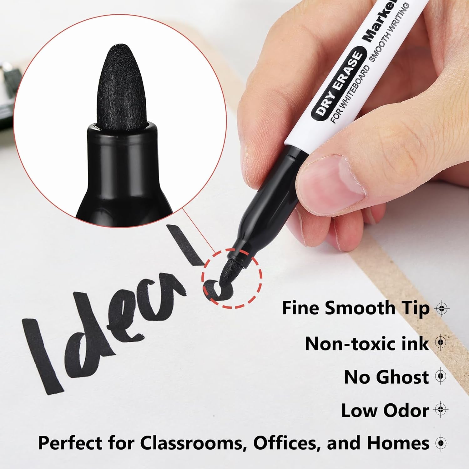 Dry Erase Markers Fine Tip - 6 Pack Whiteboard Markers Dry Erase for Kids Adult Low Odor, Black Dry Erase Markers Fine Point for Home Classroom