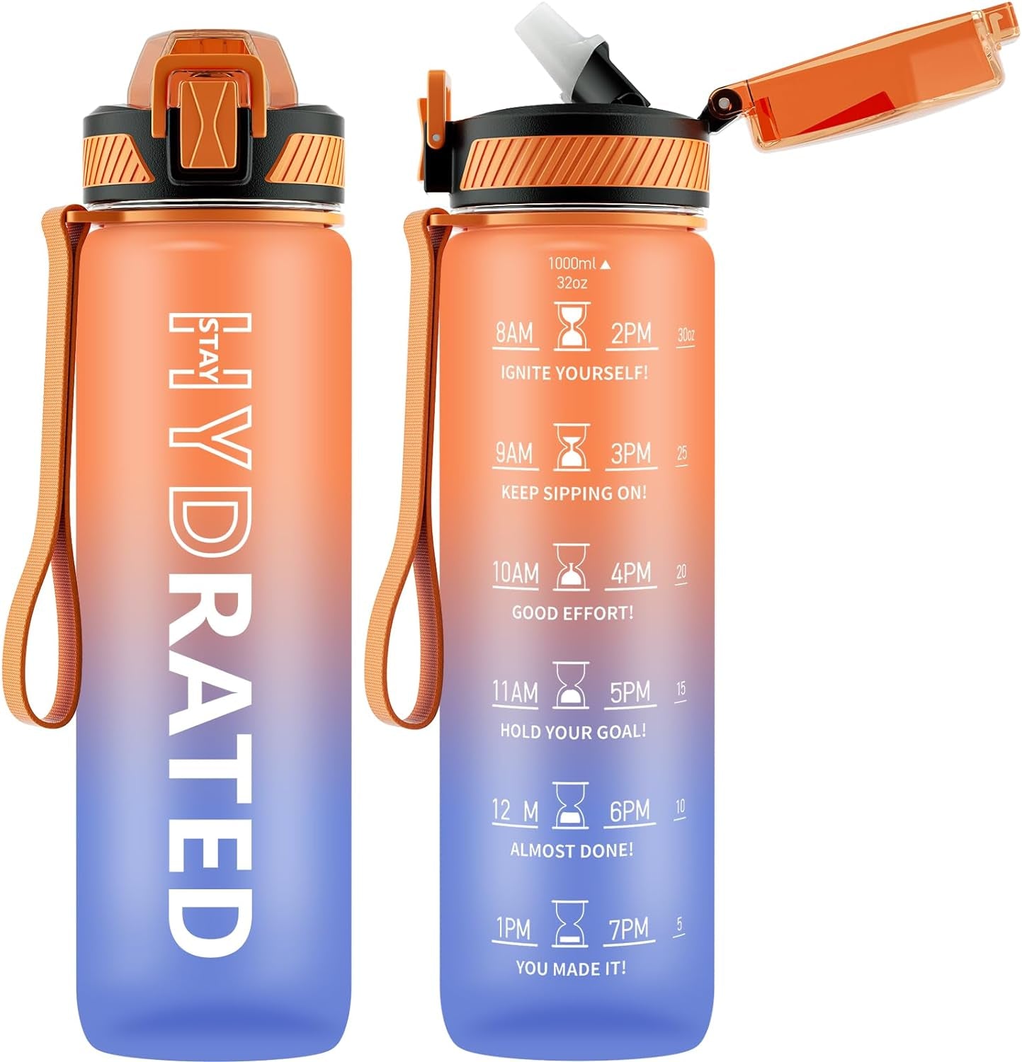 Water Bottle with Straw, 32 Oz Motivational Water Bottles with Time Marker to Drink, Tritan BPA Free, 1L Sports Water Bottle with Carry Strap Leakproof for Men Gym Fitness Outdoor (1 Pack)