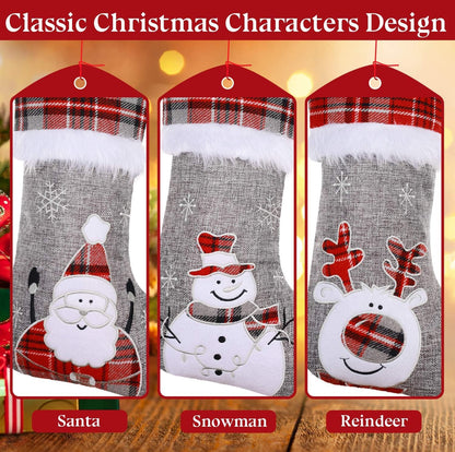 Burlap Christmas Stockings 3 Pack, 18" Red/Grey Buffalo Plaid Embroidered Cute Santa Snowman Reindeer Plush Large Hanging Stockings for Christmas Decorations Ornaments Gifts Stuffers Bag Clearance