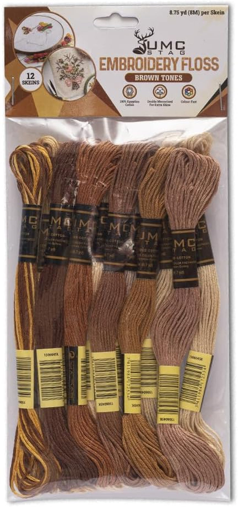 12 Pieces | Premium Embroidery Thread | 100% Egyptian Cotton Premium Skeins | Cross Stitch Embroidery Floss | Oeko TEX Certified Stranded Cotton (Brown Tones)