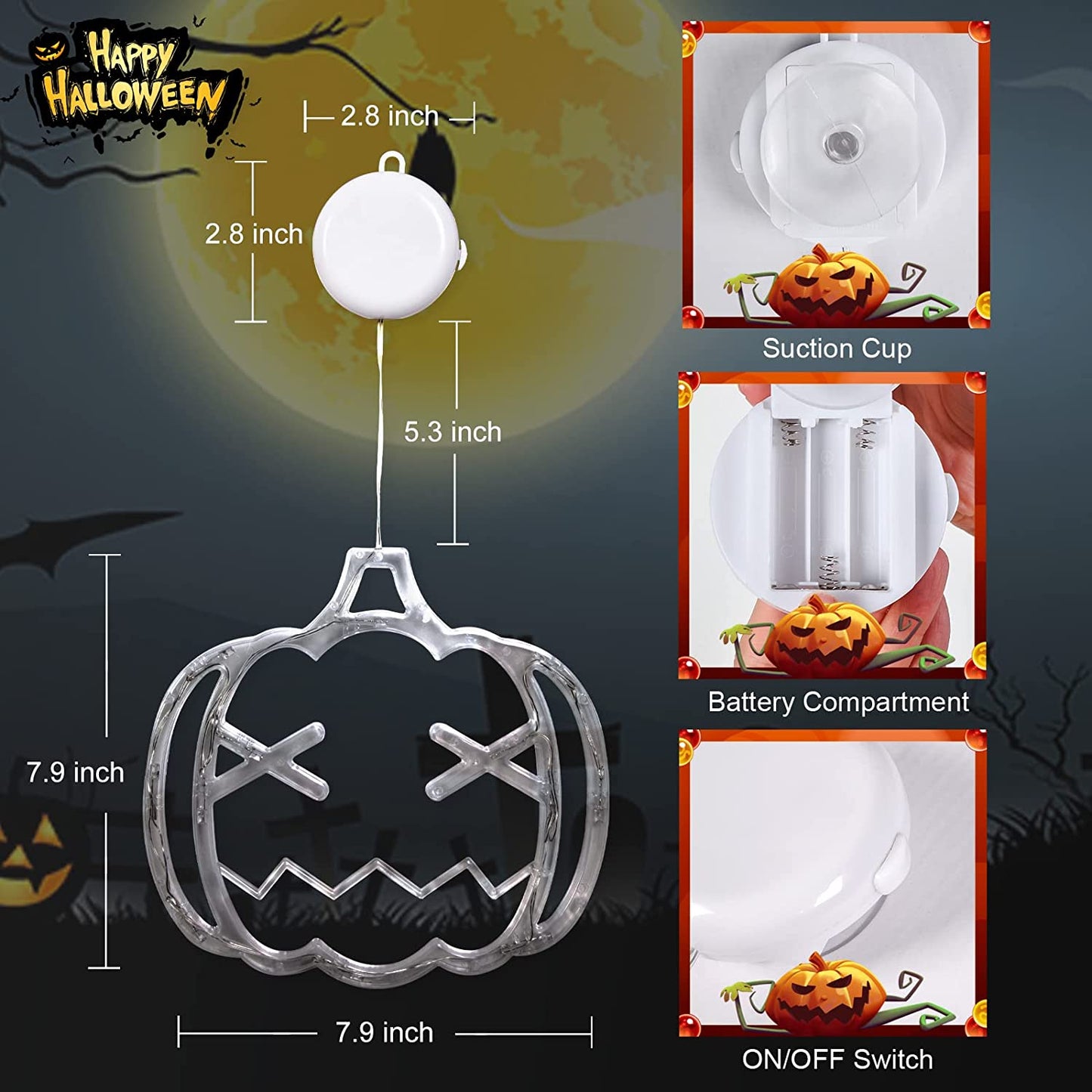 Halloween Decorations  Orange Pumpkin, White Ghost, Purple Bat Halloween Window Lights with Suction Cup, Battery Operated Halloween Lights, Upgrade Slow Fade Mode and Timer Function