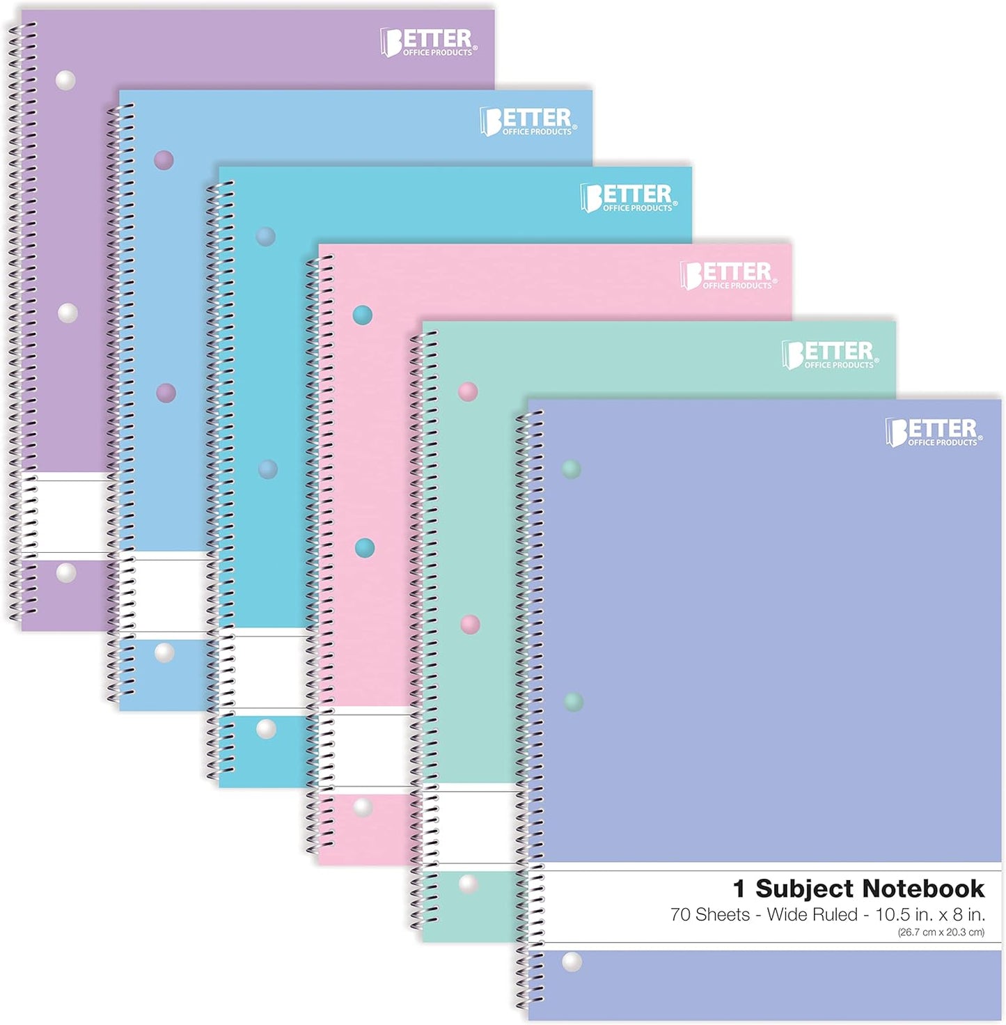 Spiral Notebooks, 6 Pack, 1 Subject, 70 Sheets, 10.5 X 8 Inches, 6 Assorted Pastel Colors (Wide Ruled)