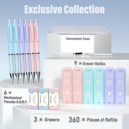 Pastel Mechanical Pencil Set - 6PCS 0.5 Mm & 0.7Mm Pencils with 360PCS HB #2 Lead Refills, 3PCS Erasers and 9PCS Eraser Refills, Cute School Supplies Stuff for Student Writing Drawing