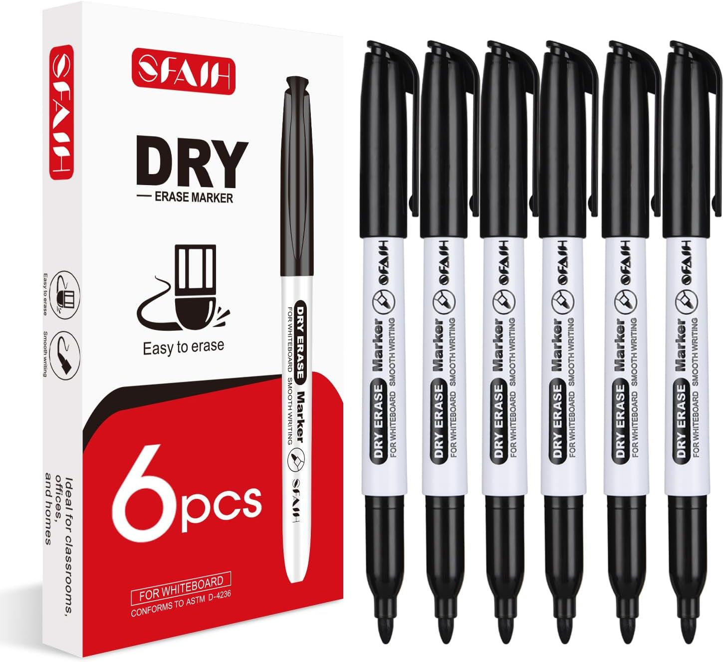 Dry Erase Markers Fine Tip - 6 Pack Whiteboard Markers Dry Erase for Kids Adult Low Odor, Black Dry Erase Markers Fine Point for Home Classroom
