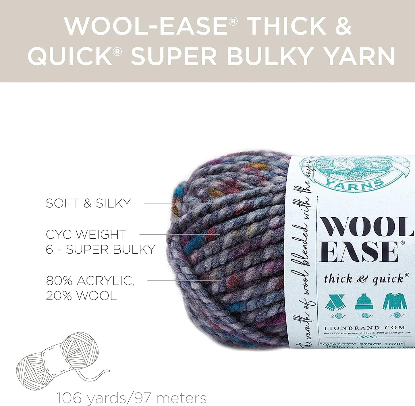 Wool-Ease Thick & Quick Yarn, Soft and Bulky Yarn for Knitting, Crocheting, and Crafting, 1 Skein, Fossil