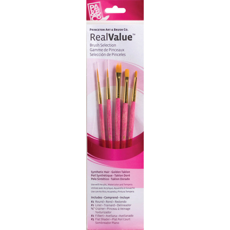 RealValue Brush Set, Gold Taklon Bristles, Short Handle Mixed Media Paintbrush, Pink, 5 Pieces