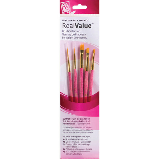 RealValue Brush Set, Gold Taklon Bristles, Short Handle Mixed Media Paintbrush, Pink, 5 Pieces