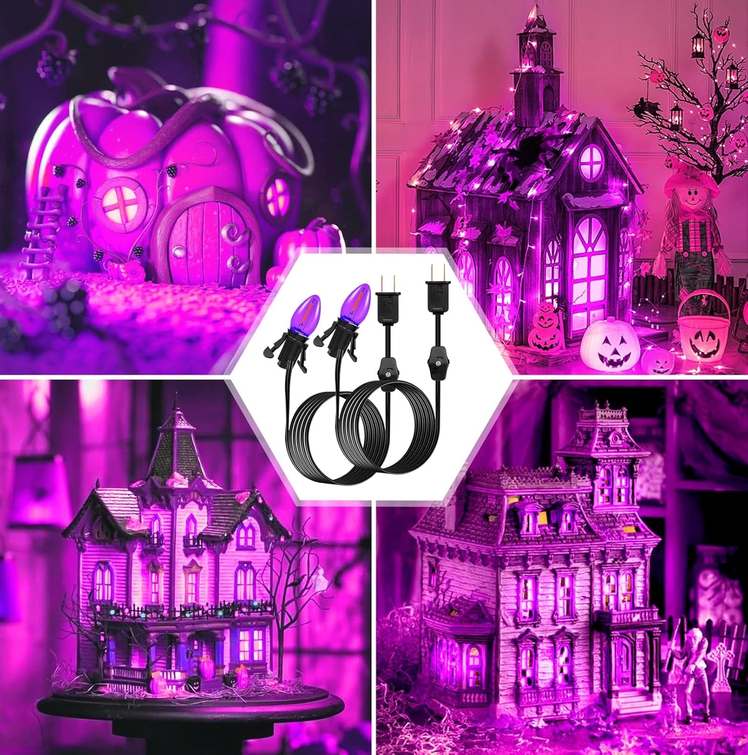Accessory Cord with One LED Light Bulb - 6Ft Cord with On/Off Switch for Halloween Pumpkin, DIY Craft Projects, Paper Lantern Halloween Decoration, Village House, Holiday Ceramic Trees, 2 Pack, Purple