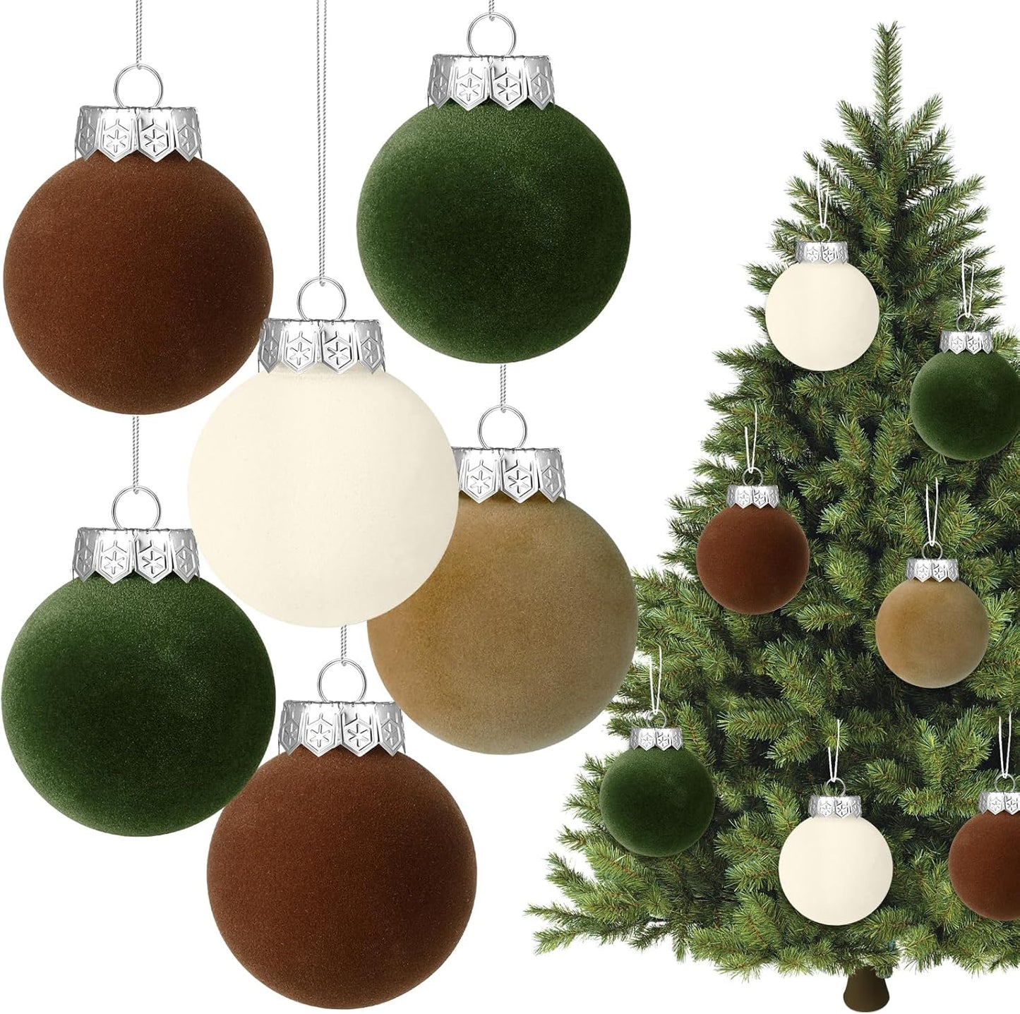 12 PCS Christmas Large Velvet Balls Ornaments 3.14In Shatterproof White Green Tree Hanging Plastic Ball Set Xmas Bulk Flocked Ornaments for Christmas Tree Home Party Wreath Decorations