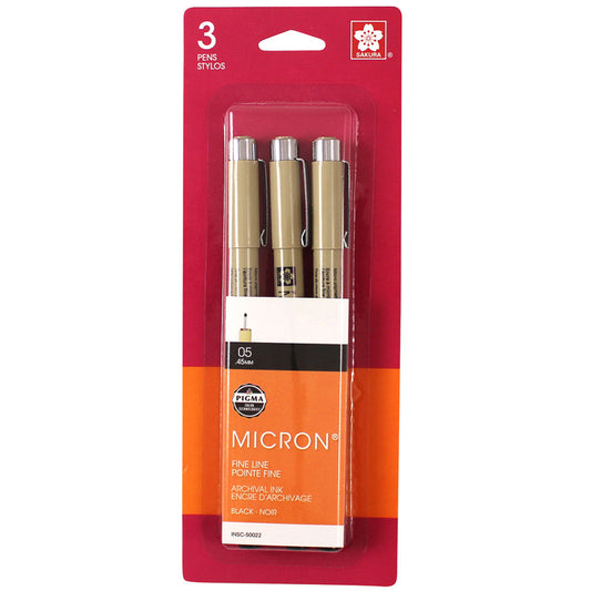 Pigma Micron Pens, Size 05 Fine Point, Black, 3-Pack, Blister Pack