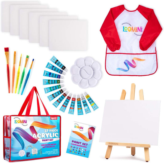 Kid'S Acrylic Paint Set - Premium Art Kit for Boys & Girls - 27-Piece Painting Set with Acrylic Paints, Canvas, Brushes, Waterproof Smock & Wood Easel - Portable Art Set for Littler Painters