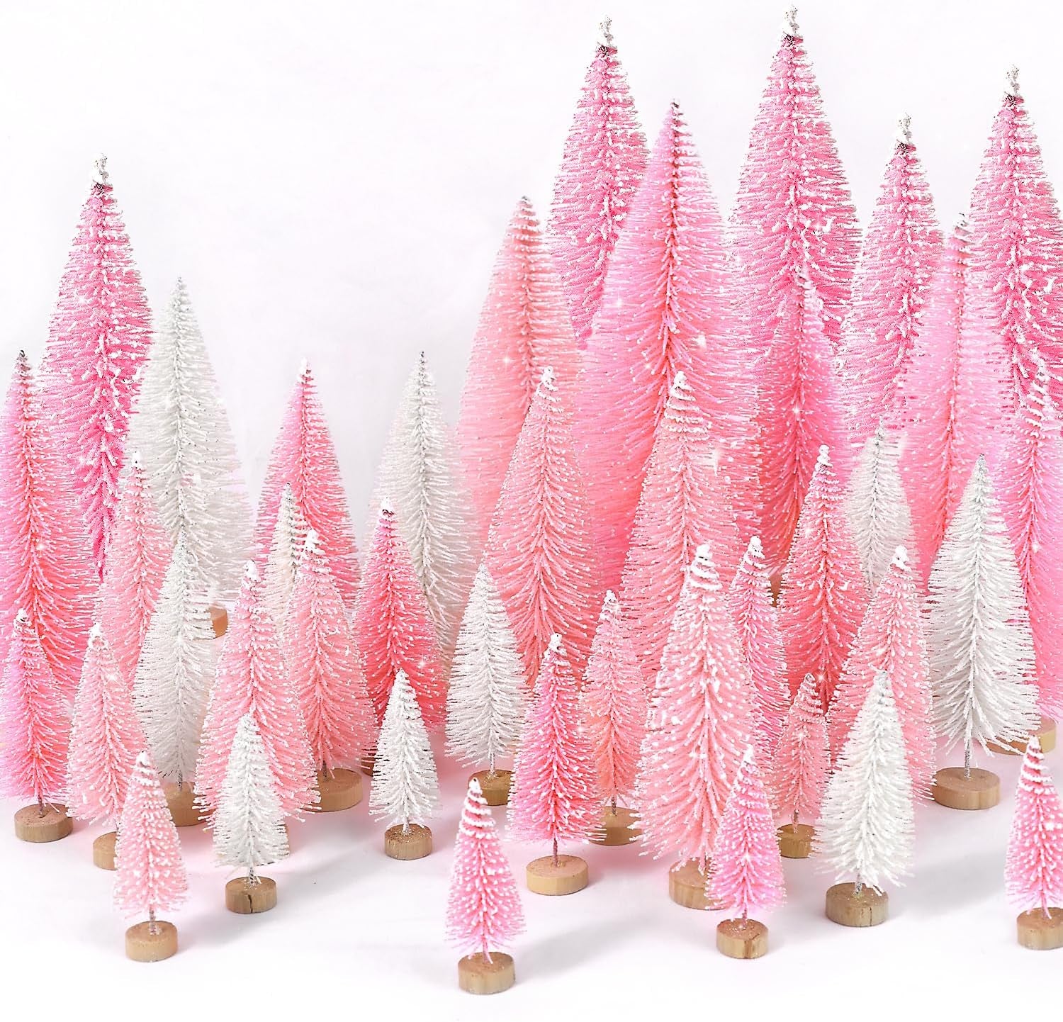 30Pcs Mini Christmas Trees Artificial Christmas Tree Bottle Brush Trees with Wooden Base for Christmas Decor Christmas Party Home Table Craft Decorations(Pink+White)