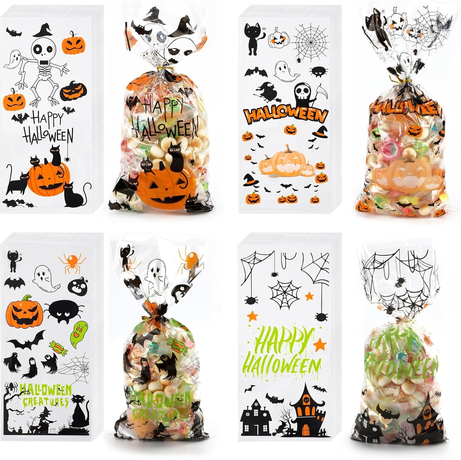 Halloween Cellophane Treat Bags, 100PCS Halloween Treat Bags, Halloween Candy Bags with Twist Ties for Halloween Trick or Treat Party Favors Supplies, Halloween Bags Bulk with Fun Friendly Designs