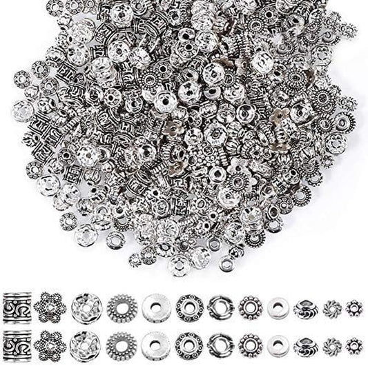 600Pcs 12 Style Silver Spacer Beads Jewelry Bead Charm Spacers for Jewelry Making Bracelets Necklace