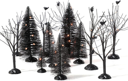 17 Pcs Halloween Village Accessories Set 8 Halloween Black Pine 8 Bare Branch Trees with 9.84 Ft Led Orange Light Battery Operated Village Tabletop Displays Spooky Tree for Halloween Party Table Decor